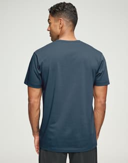 A man is wearing a navy blue premium cotton short-sleeve tee shirt, viewed from the back. The shirt has a logo.