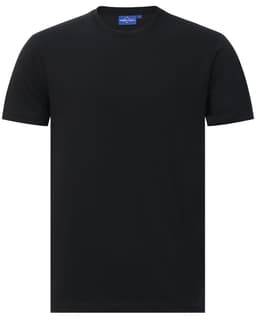 A black premium cotton short sleeve T-shirt with a tag and a logo on the neckline.