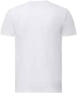 A white short-sleeve tee shirt made of premium cotton, featuring a logo on the back.