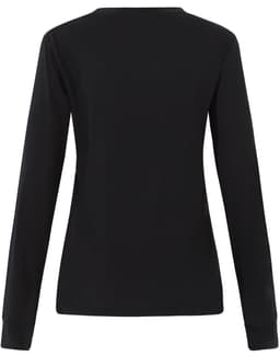 A black long-sleeve tee shirt for ladies, featuring a simple design and a rear view with long sleeves.
