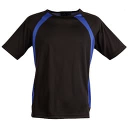A black men's t-shirt featuring blue accents and a logo, with short sleeves and a round neckline.
