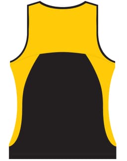 A sleeveless singlet featuring a yellow front and black back, with a logo on it.