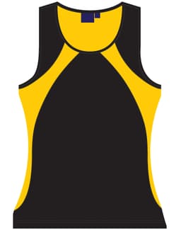A black and yellow ladies' sprint singlet featuring a logo, designed as a sleeveless athletic top.