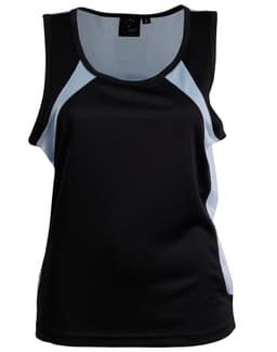 A black and light blue ladies' singlet featuring a lightweight design and athletic cut, with a logo on the label.
