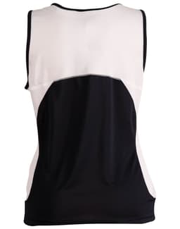 A sleeveless ladies' sprint singlet in black and white with a mesh design and a logo on the back.