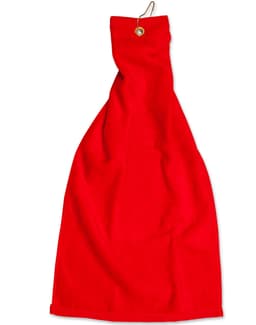 A red golf towel with an eyelet hook, measuring 38 x 65 cm, featuring a plain design and a metal eyelet.