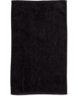 A black golf towel measuring 38 x 65 cm, featuring a brand logo. Soft and absorbent.