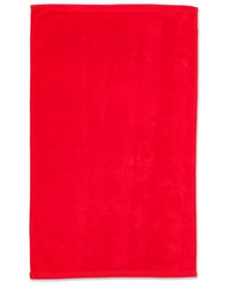 A red golf towel measuring 38 x 65 cm, with a plain design and a logo at one corner.