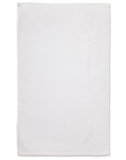 A white golf towel measuring 38 x 65 cm with a simple design and an attached logo.