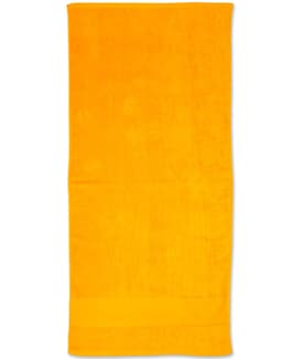 A bright yellow terry velour beach towel, measuring 75x150 cm, featuring a simple design and a logo.