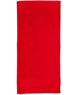 A red terry velour beach towel measuring 75x150 cm, with a solid colour design and a logo.