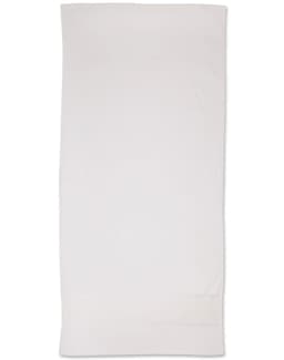 A white terry velour beach towel measuring 75x150 cm, featuring a logo at the edge.