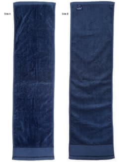 A dark navy terry velour fitness towel, measuring 110x30 cm, featuring two sides with a subtle sheen and a logo.