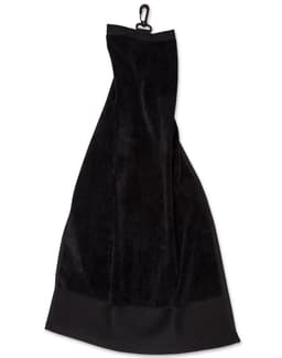 A black golf towel with a hook for easy attachment. It features a soft, plush texture.