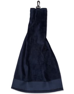 A navy blue golf towel with a hook for easy attachment, featuring a smooth finish and a border at the bottom.