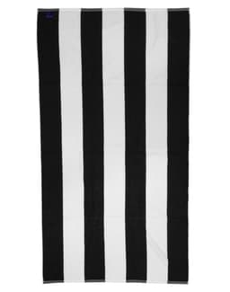 A striped beach towel featuring alternating black and white stripes. The towel includes a logo in one corner.