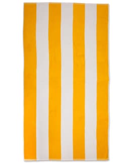A striped beach towel featuring alternating yellow and white stripes, ideal for outdoor leisure.