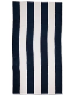A striped beach towel featuring alternating navy blue and white stripes, with a logo at one corner.
