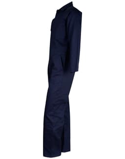 A navy blue men's cotton drill coverall with long sleeves and a chest pocket, featuring a logo.