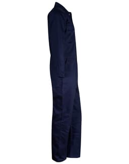 A navy men's cotton drill coverall with a fitted design, featuring pockets and a logo.