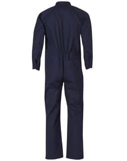 A navy blue men's cotton drill coverall with long sleeves and a fitted waist, featuring a logo.