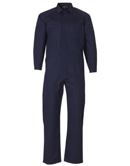 A navy blue cotton drill coverall with a zip front, long sleeves, and two chest pockets, featuring a logo.