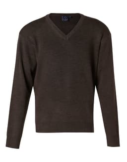 A V-neck jumper in dark brown wool and acrylic knit, featuring long sleeves and a branded label.