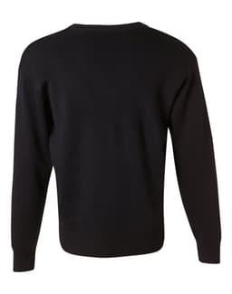 A black V-neck wool and acrylic knit jumper with long sleeves and ribbed hem. Features a logo on the back.