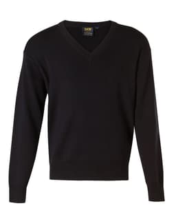 A black V-neck wool and acrylic knit jumper, featuring long sleeves and a ribbed hem. The product has a logo.