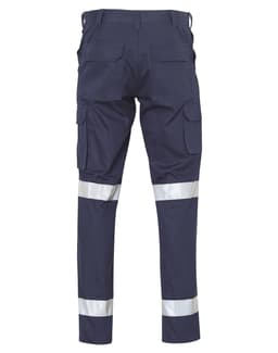 Navy work pants featuring multiple leg pockets and reflective strips for visibility, with a logo on the back.