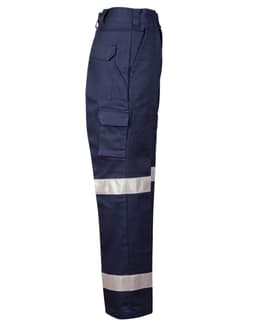 Navy work pants featuring multiple pockets on the leg and reflective stripes, with a visible brand logo.