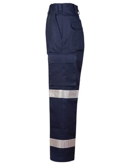 Dark navy work pants featuring drill pant pockets on the leg and reflective strips, with a logo.