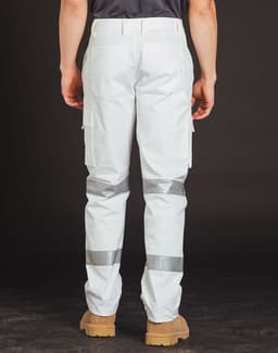 White work pants featuring reflective strips, cargo pockets, and a logo on the back. Designed for night safety.