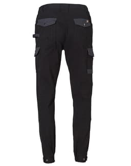 A pair of black work pants featuring grey accents and multiple pockets, with a logo on the waistband.