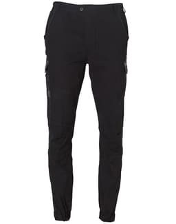 Black work pants featuring multiple pockets and a fitted design, with a logo on one side.