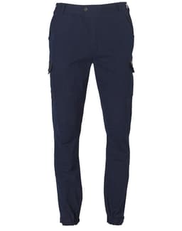 A pair of navy work pants with cargo pockets and an elasticated cuff, featuring a logo on the waistband.