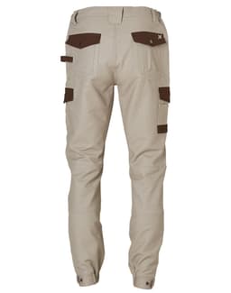 Beige workwear pants featuring brown accents and multiple pockets, with a logo on the back.