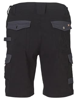 Black work shorts featuring grey accents, side pockets, and a back design. Includes branding on the product.