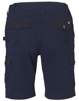 A pair of navy work shorts featuring multiple pockets and a logo on the waistband.