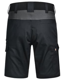 Work shorts in black with a grey waistband, featuring pockets and a logo on the side.