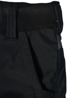 Rip-stop poly/cotton stretch work shorts in black with elastic waistband and side pockets, featuring a logo.