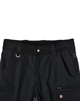 Black Rip-Stop Poly/Cotton Stretch Work Shorts featuring a waistband and multiple pockets. Includes a logo detail.