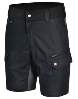 Black Rip-Stop Poly/Cotton Stretch Work Shorts with pocket details and a logo. Suitable for workwear.