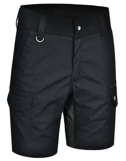 Rip-stop poly/cotton stretch work shorts in black, featuring cargo pockets and an elastic waistband with a logo.