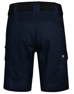 Navy blue stretch work shorts featuring cargo pockets and an elastic waistband, with a small logo on the side.