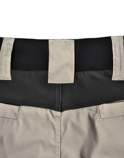 Rip-stop poly/cotton stretch work shorts in a light beige colour, featuring a black waistband and two back pockets.