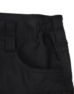 A close-up of black unisex cotton stretch ripstop work shorts, featuring an elastic waistband and pocket detail.