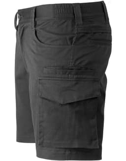 Unisex black cotton stretch ripstop work shorts featuring multiple pockets and an elastic waistband.