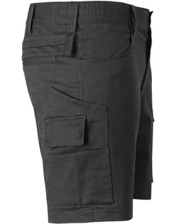 Unisex cotton stretch ripstop work shorts in black, featuring multiple pockets and a stylish fit.