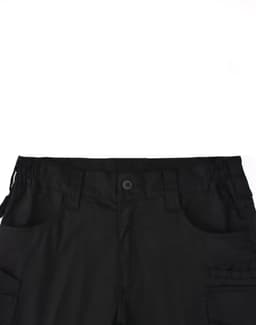 Black unisex cotton stretch ripstop work shorts featuring a button closure and multiple pockets, with a branded logo.